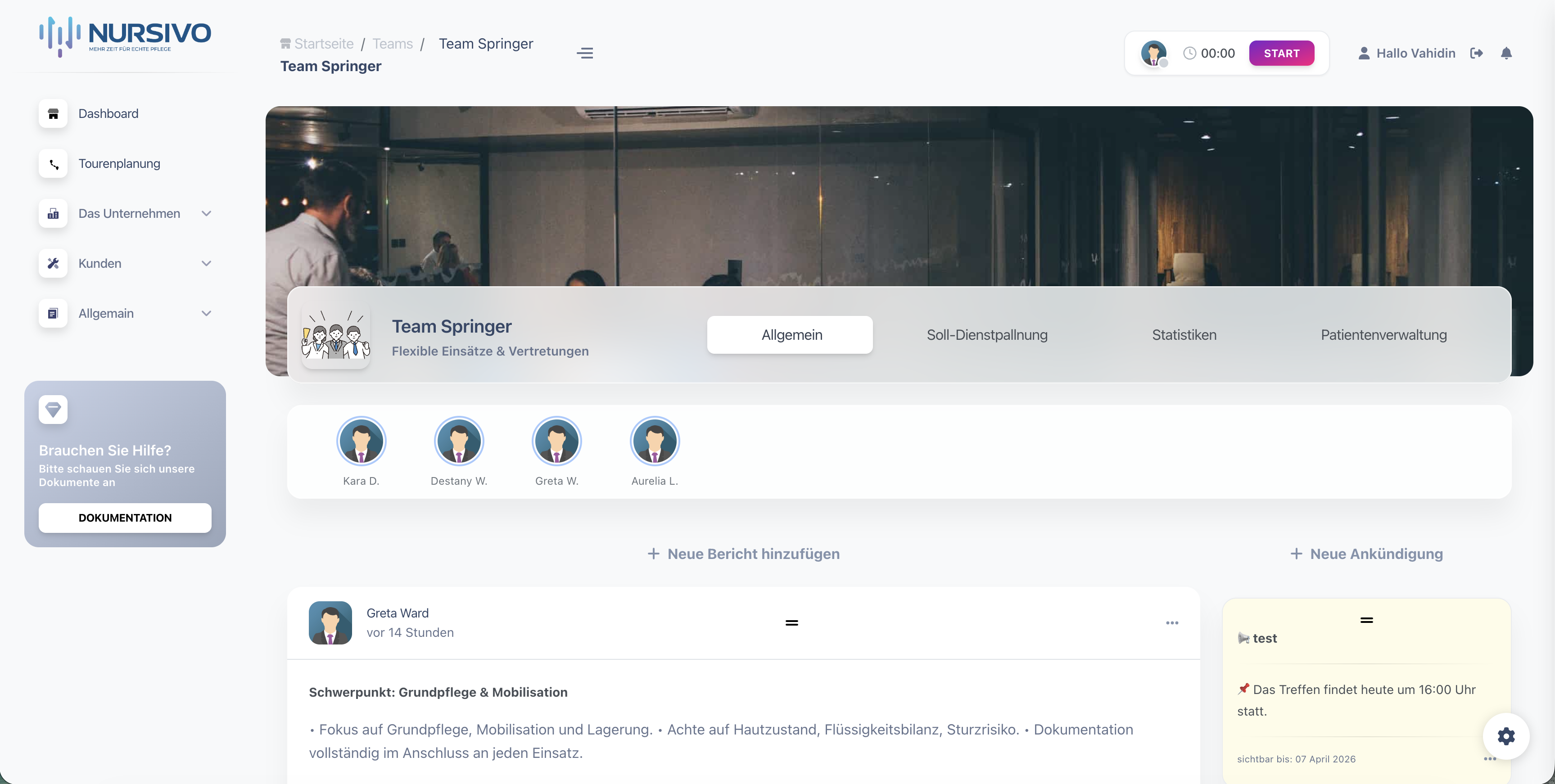 Organisatorische Funktionen mit Teamstatistik in Nursivo